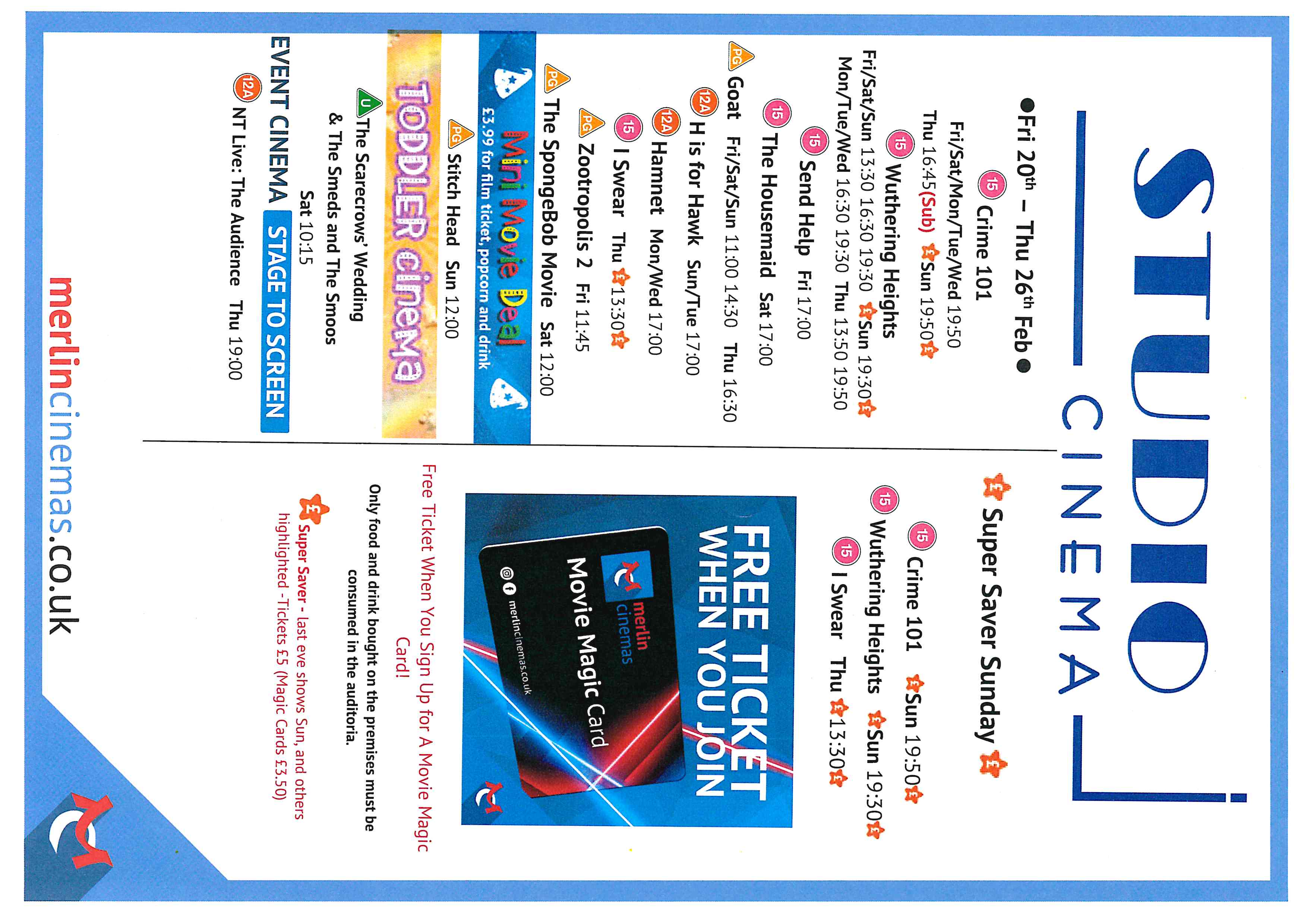 Studio Cinema Listings Fri 20th Feb - Thurs 26th Feb